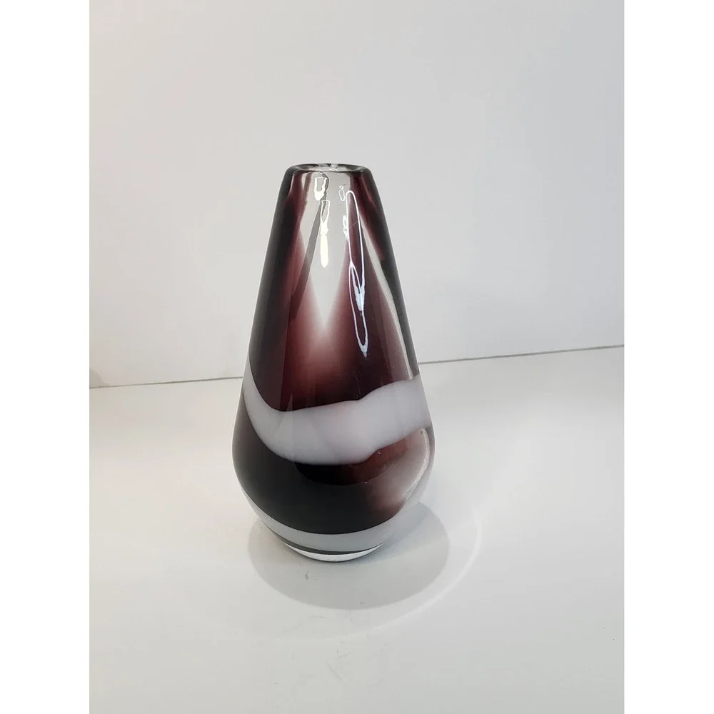 Hand Blown Art Glass Teardrop Vase Plum Burgundy with White Swirl 6.25 inch
